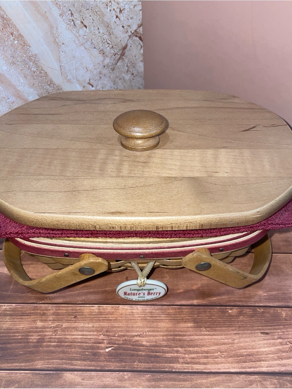 Longaberger Oval Woven Basket with Wooden Lid and Burgundy Trim